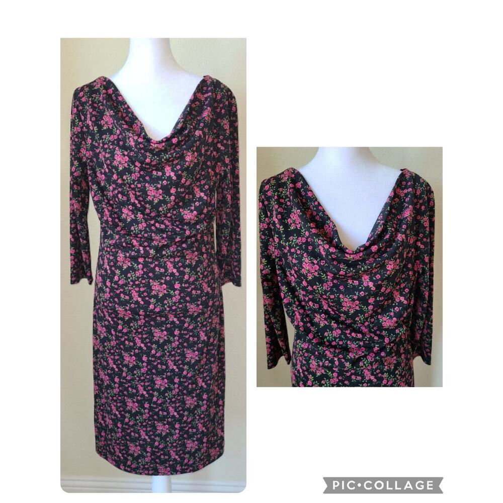 Vintage Y2K 90s Connected 10 Ditzy Floral Midi Sheath Dress‎ Cottage Core Cowl